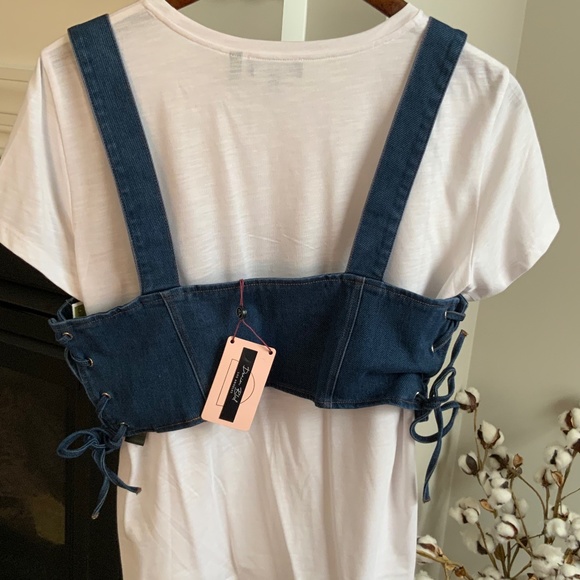NWT Denim Crop top with adjustable drawstring in size L - Picture 4 of 16